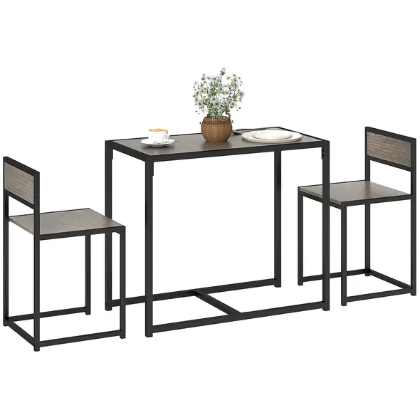 HOMCOM Dining Table and Chairs Set 2, Dining Room Sets, Rectangular Space Saving Table and 2 Chairs for Compact Kitchens, Steel Frame, Grey Wood-Effect - 1