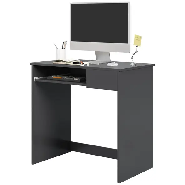 HOMCOM Compact Computer Desk with Keyboard Tray and Drawer, Study Desk, Writing Desk for Home Office, Grey - 1