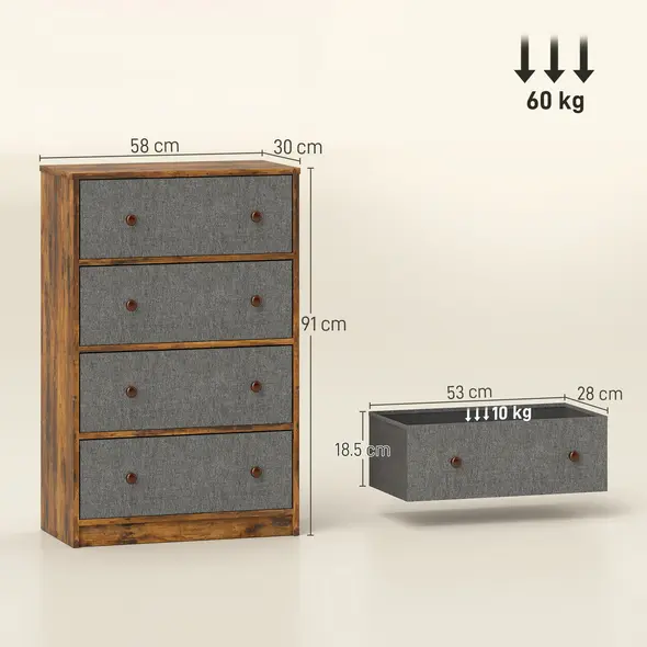 HOMCOM Chest of Drawers, Dresser with 4 Fabric Drawers - Grey and Rustic Brown - 3