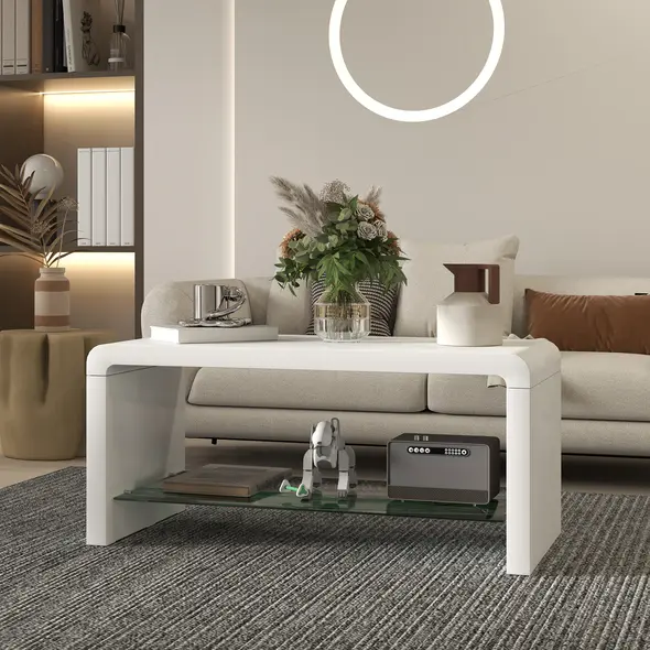 HOMCOM Curved Two-Tier Coffee Table - High Gloss White - 7