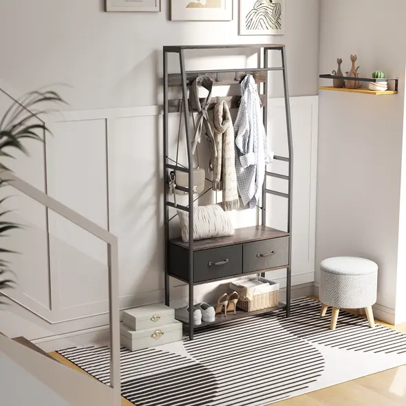 HOMCOM Coat Rack with Shoe Storage, Hall Tree, Industrial Coat Stand with Shoe Bench, 10 Removable Hooks, 2 Fabric Drawers and Clothes Rail for Entryway, Hallway, Grey - 9