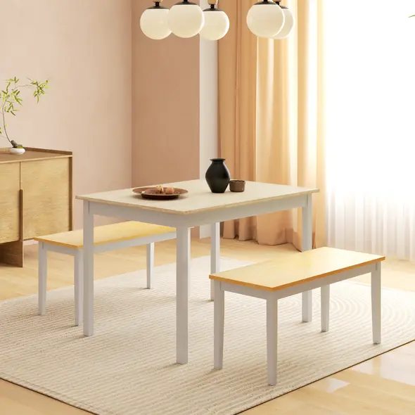 HOMCOM Dining Table and Bench Set, Farmhouse Kitchen Table and Bench with Wooden Frame for Living Room, Dining Room, Natural and White - 4