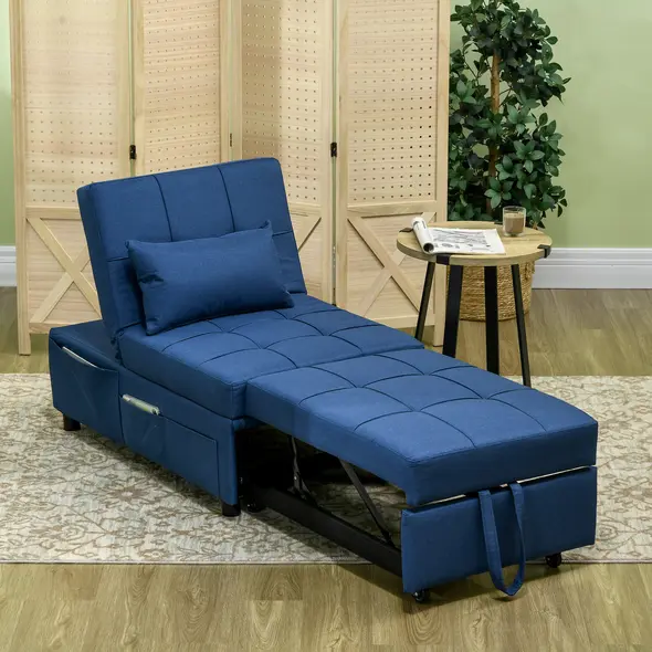 HOMCOM Convertible Chair Bed with Padding Seat, 4-in-1 Multi-Functional Sleeper Sofa Bed, Recliner with Adjustable Backrest, Side Pocket, Wheels and Pillow, for Living Room, Blue - 7