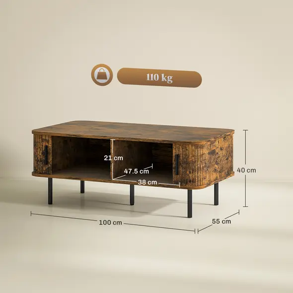 HOMCOM Coffee Table with Storage, Living Room Table with Slatted Tambour Sliding Doors and Foot Pads, Rectangular Coffee Table with Elevated Base for Living Room, Rustic Brown - 3