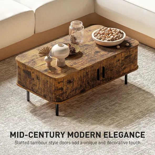 HOMCOM Coffee Table with Storage, Living Room Table with Slatted Tambour Sliding Doors and Foot Pads, Rectangular Coffee Table with Elevated Base for Living Room, Rustic Brown - 4