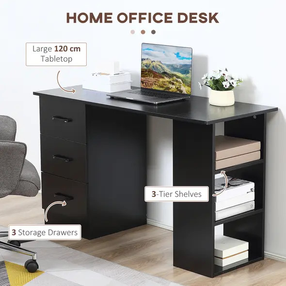 HOMCOM Computer Desk, Home Office Desk, Writing Table, PC Workstation with 3 Storage Shelves and 3 Drawers for Working, Study, 120 x 49 x 72 cm, Black - 4