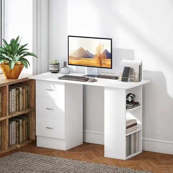 HOMCOM Computer Desk, Home Office Desk, Writing Table, PC Workstation with 3 Storage Shelves and 3 Drawers for Working, Study, 120 x 49 x 72 cm, White - 8