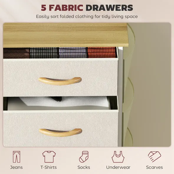 HOMCOM Chest of Five Fabric Drawers - Beige - 4
