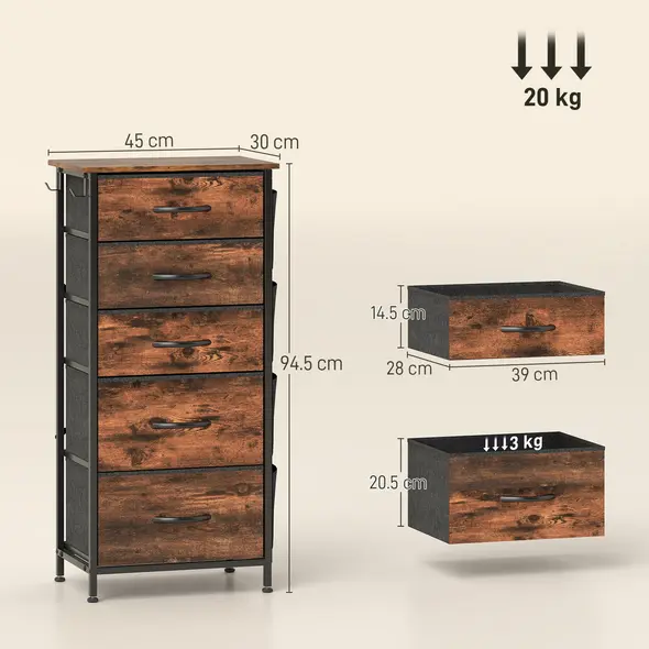 HOMCOM Chest of Five Fabric Drawers - Rustic Brown - 3