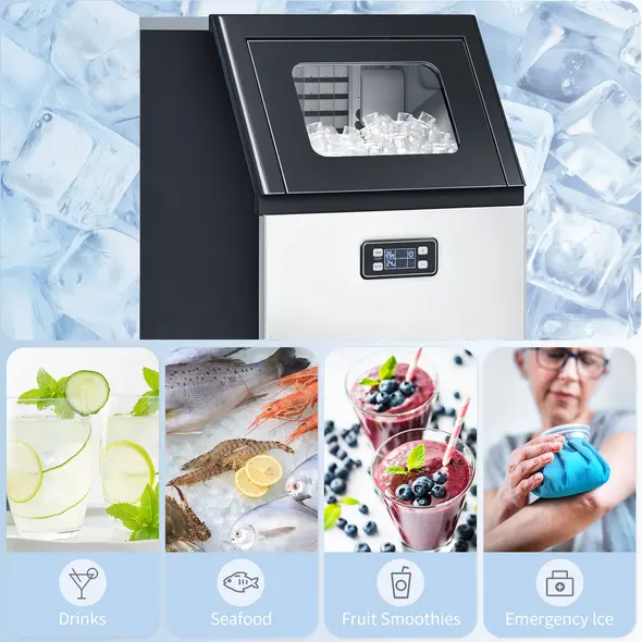 HOMCOM Commercial Ice Maker Machine, Freestanding Stainless Steel Ice Machine with Self-Cleaning, LCD Display, 45kg/24 Hours and 11kg Storage for Home, Office, Bar, Restaurant - 8