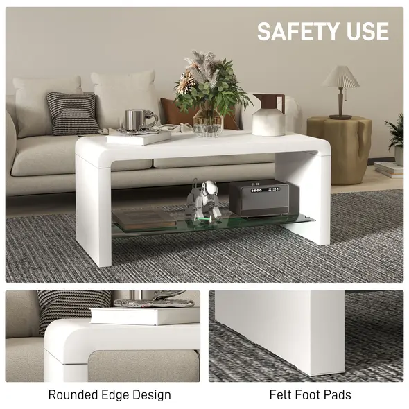 HOMCOM Curved Two-Tier Coffee Table - High Gloss White - 6