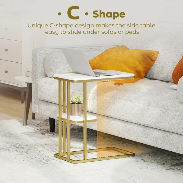 HOMCOM C-Shaped Narrow Side Table, 2-Tier Slim End Table, Nightstand for Small Spaces, Living Room, Bedroom, White Marble Grain - 4