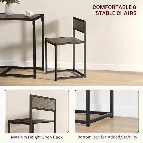 HOMCOM Dining Table and Chairs Set 2, Dining Room Sets, Rectangular Space Saving Table and 2 Chairs for Compact Kitchens, Steel Frame, Grey Wood-Effect - 6