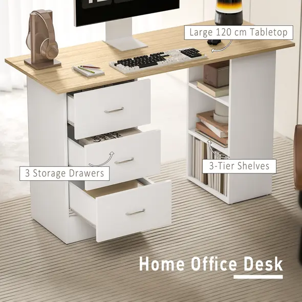 HOMCOM Computer Desk, Home Office Desk, Writing Table, PC Workstation with 3 Storage Shelves and 3 Drawers for Working, Study, 120 x 49 x 72 cm, Natural Wood Finish and White - 4