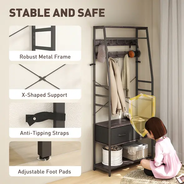 HOMCOM Coat Rack with Shoe Storage, Hall Tree, Industrial Coat Stand with Shoe Bench, 10 Removable Hooks, 2 Fabric Drawers and Clothes Rail for Entryway, Hallway, Grey - 7