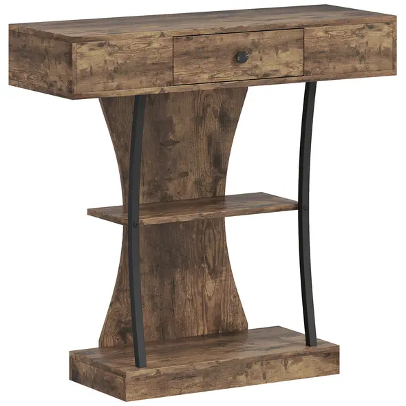 HOMCOM Console Table, 3-Tier Industrial Hallway Table with Drawer, Storage Shelves, 91 x 32 x 87 cm, Rustic Brown - 1