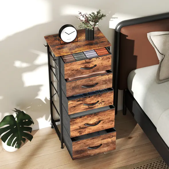 HOMCOM Chest of Five Fabric Drawers - Rustic Brown - 8