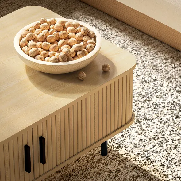 HOMCOM Coffee Table with Storage, Living Room Table with Slatted Tambour Sliding Doors and Foot Pads, Rectangular Coffee Table with Elevated Base for Living Room, Oak - 9