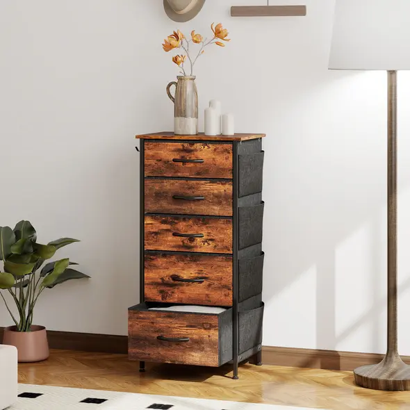 HOMCOM Chest of Five Fabric Drawers - Rustic Brown - 2