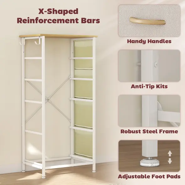 HOMCOM Chest of Five Fabric Drawers - Beige - 7