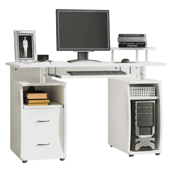 HOMCOM Computer Desk Office PC Table Workstation with Keyboard Tray, CPU Shelf, Drawers, Sliding Scanner Shelf, White - 1