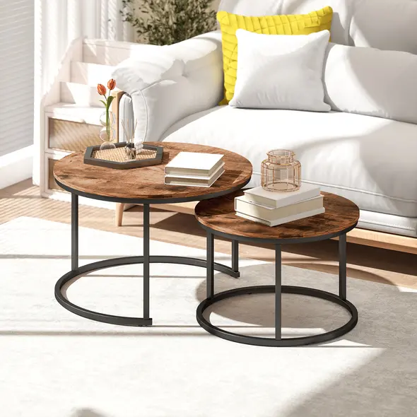 HOMCOM Coffee Table Set of 2, Round Nest of Tables with Metal Frame, Modern Side Tables for Living Room, Rustic Brown - 7