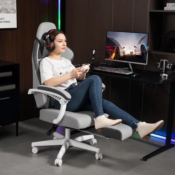 HOMCOM Ergonomic High Back Gaming Chair for Adults, Printed Velvet Computer Recliner Chair with Footrest, Lumbar Support, Adjustable Height and 360° Swivel Seat for Office or Gaming, Grey - 9