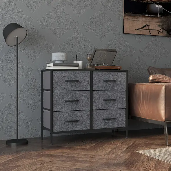 HOMCOM Fabric Chest of Drawers, Industrial Bedroom Dresser with 6 Fabric Drawers, Steel Frame and Wooden Top for Nursery, Living Room, Hallway, Black - 7