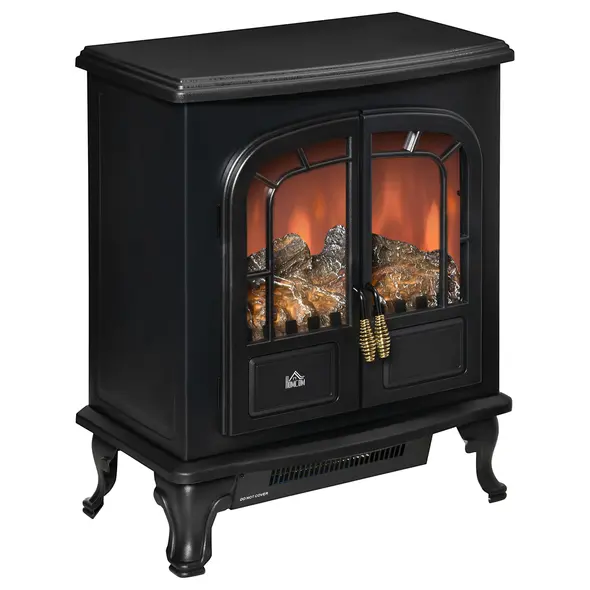 HOMCOM Electric Fireplace Stove Heater with LED Fire Flame Effect, Double Door, Freestanding & Portable with Overheat Protection, 1000W/2000W, Black - 1