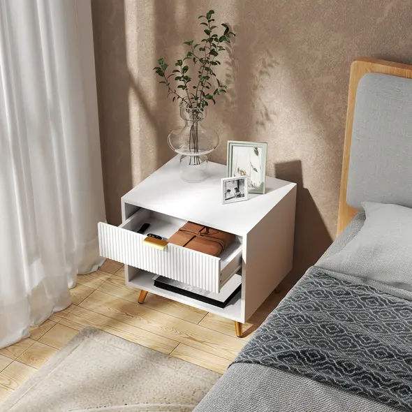 HOMCOM Elegant Bedside Table, with Drawer and Shelf - White/Gold Tone - 9