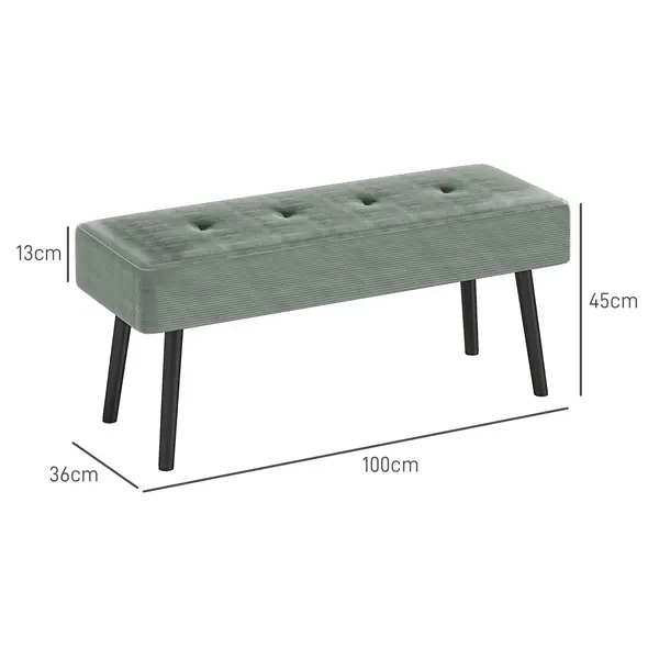 HOMCOM End of Bed Bench, Corduroy Bedroom Bench with Thick Padding and Steel Legs, Tufted Window Seat for Entryway, Living Room, Green - 3