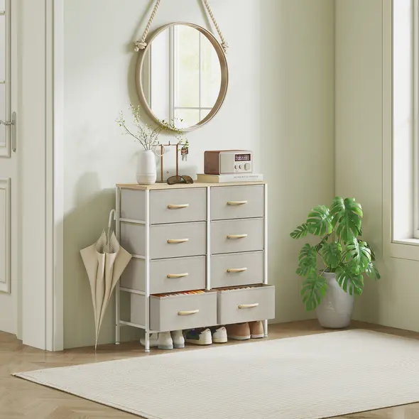 HOMCOM Fabric Chest of Drawers, Industrial Bedroom Dresser with 8 Fabric Drawers, Steel Frame and Wooden Top for Nursery, Living Room, Hallway, Maple Wood-effect - 8