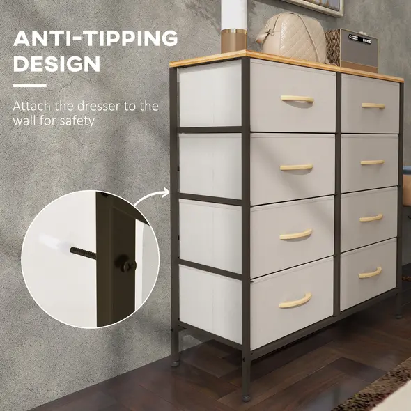 HOMCOM Fabric Chest of Drawers, Industrial Bedroom Dresser with 8 Fabric Drawers, Steel Frame and Wooden Top for Nursery, Living Room, Hallway, Cream White - 5