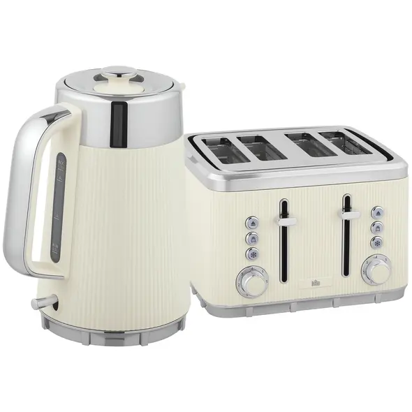 HOMCOM Electric Stainless Steel Kettle and Toaster Set, 3000W 1.7L UK Strix Thermostat Fast Boil Kettle w/ Limescale Filter, Cool Touch Body, 4 Slice Toaster with 7 Browning Levels, Crumb Tray, Cream - 1