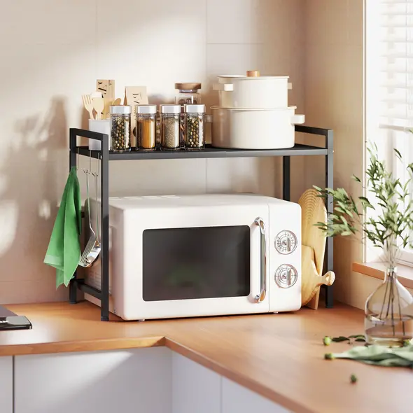 HOMCOM Expandable Microwave Oven Rack with 3 Hooks - Black - 2