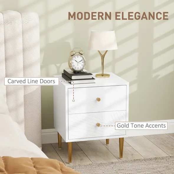 HOMCOM Elegant Two-Drawer Bedside Table - White/Gold-Tone - 4