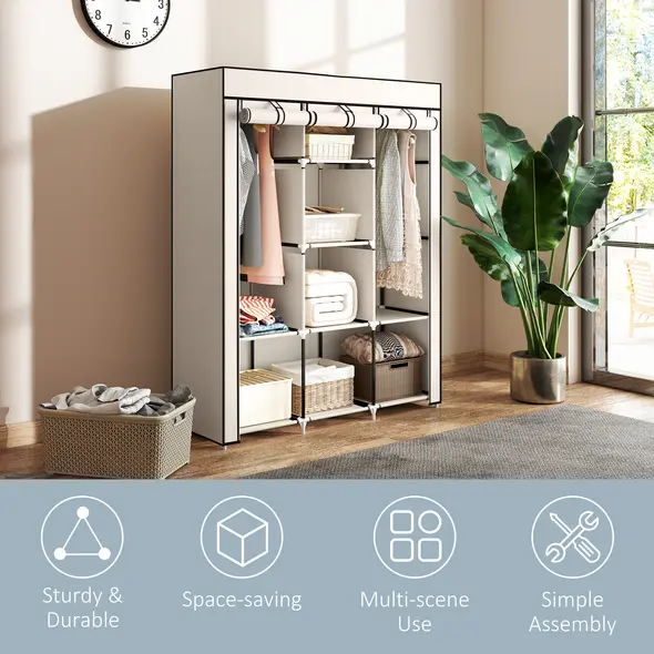 HOMCOM Fabric Wardrobe, with Rails and Shelves - Cream White - 6