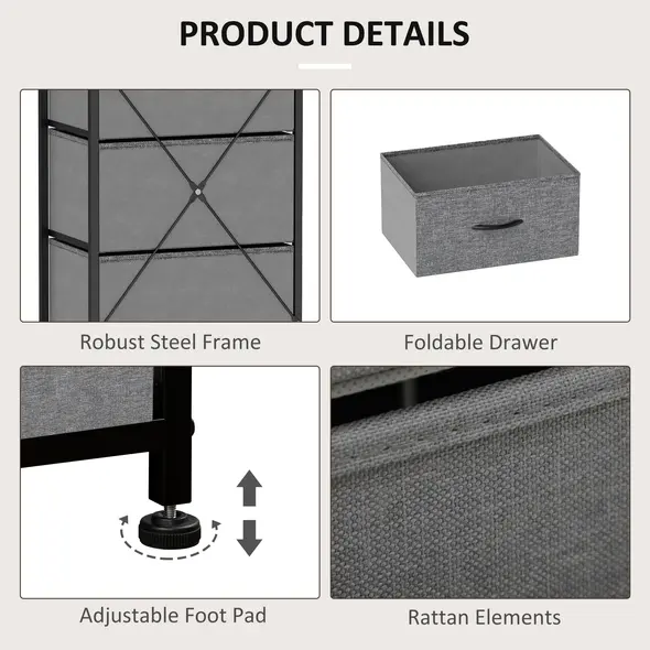 HOMCOM Fabric Chest of Drawers, Industrial Bedroom Dresser with 5 Fabric Drawers, Steel Frame and Wooden Top for Nursery, Living Room, Hallway, Rustic Brown and Grey - 6