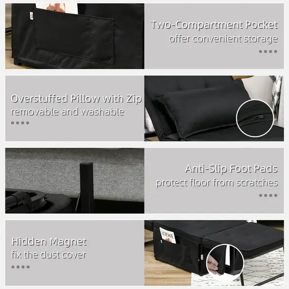 HOMCOM Fabric Sleeper Chair, Folding Chair Bed with Adjustable Backrest, Pillow, Side Pockets for Living Room, Black - 7