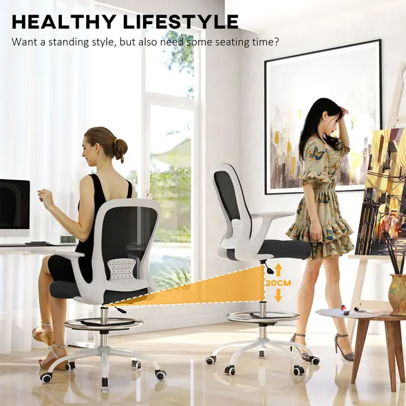 HOMCOM Draughtsman Chair, Mesh Drafting Chair, Ergonomic Office Chair with Flip-up Armrest, Adjustable Foot Ring, Black White - 5