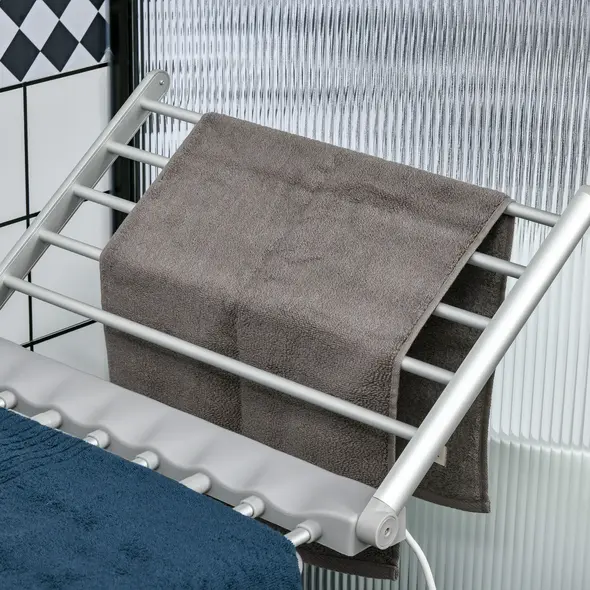 HOMCOM Electric Heated Clothes Dryer, Folding Energy-Efficient Indoor Airer with Extendable Wings, Laundry Drying Horse Rack, Silver - 9