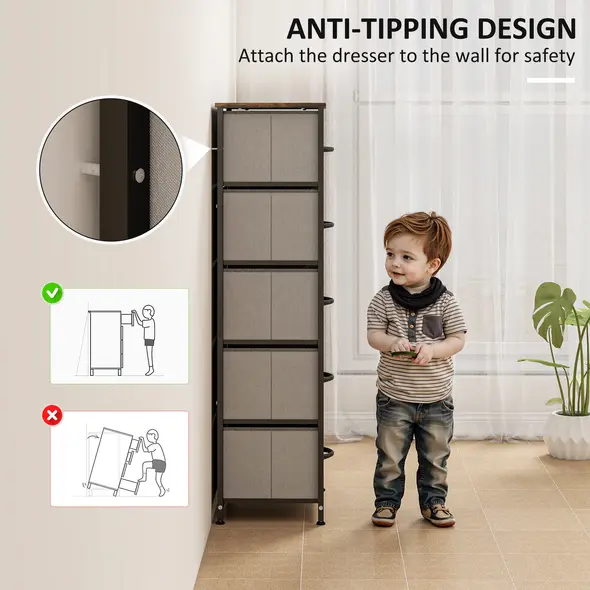 HOMCOM Fabric Chest of Drawers, Industrial Bedroom Dresser with 5 Fabric Drawers, Steel Frame and Wooden Top for Nursery, Living Room, Hallway, Rustic Brown and Grey - 5