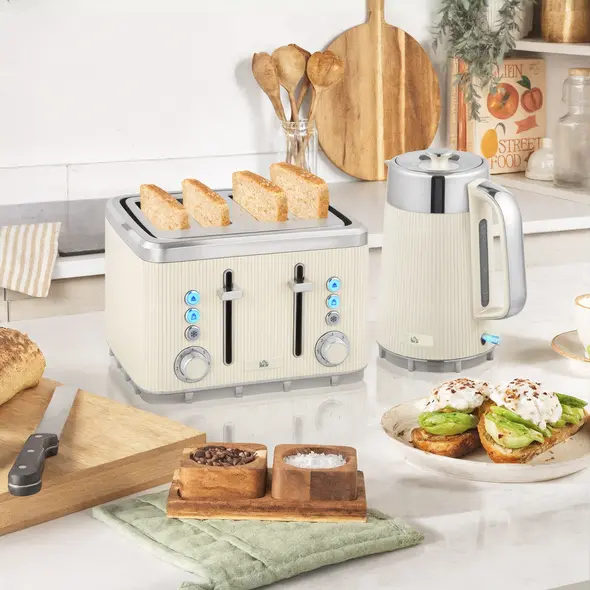 HOMCOM Electric Stainless Steel Kettle and Toaster Set, 3000W 1.7L UK Strix Thermostat Fast Boil Kettle w/ Limescale Filter, Cool Touch Body, 4 Slice Toaster with 7 Browning Levels, Crumb Tray, Cream - 2