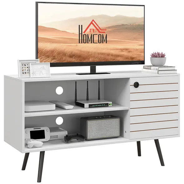 HOMCOM Duo Storage TV Unit, with Striped Door - White - 1