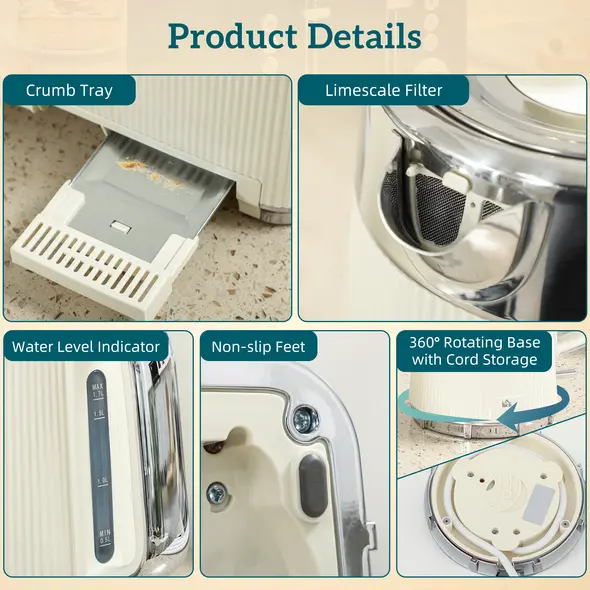 HOMCOM Electric Stainless Steel Kettle and Toaster Set, 3000W 1.7L UK Strix Thermostat Fast Boil Kettle w/ Limescale Filter, Cool Touch Body, 4 Slice Toaster with 7 Browning Levels, Crumb Tray, Cream - 9