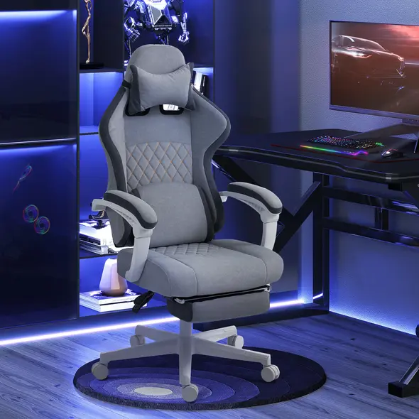 HOMCOM Ergonomic High Back Gaming Chair for Adults, Printed Velvet Computer Recliner Chair with Footrest, Lumbar Support, Adjustable Height and 360° Swivel Seat for Office or Gaming, Grey - 2
