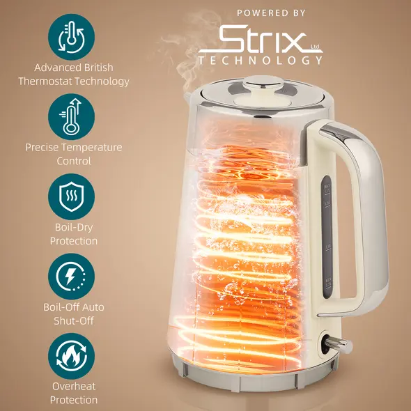 HOMCOM Electric Stainless Steel Kettle and Toaster Set, 3000W 1.7L UK Strix Thermostat Fast Boil Kettle w/ Limescale Filter, Cool Touch Body, 4 Slice Toaster with 7 Browning Levels, Crumb Tray, Cream - 4