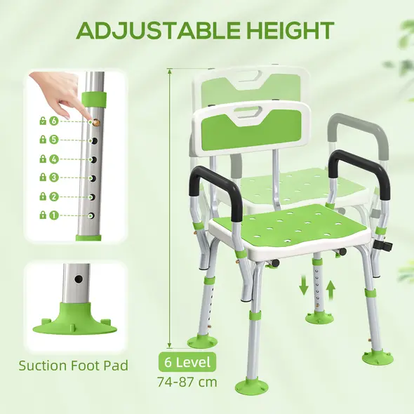 HOMCOM EVA Padded Shower Chair for the Elderly and Disabled, Height Adjustable Shower Stool with Back and Arms, 4 Suction Foot Pads, Green - 7