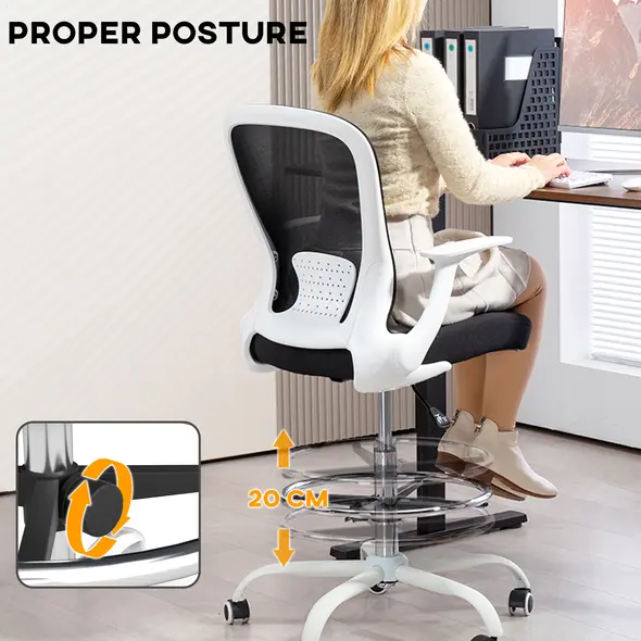 HOMCOM Draughtsman Chair, Mesh Drafting Chair, Ergonomic Office Chair with Flip-up Armrest, Adjustable Foot Ring, Black White - 6