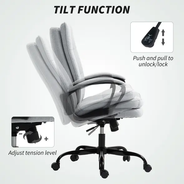 HOMCOM Double Padded Linen-Look Office Chair - Light Grey - 6